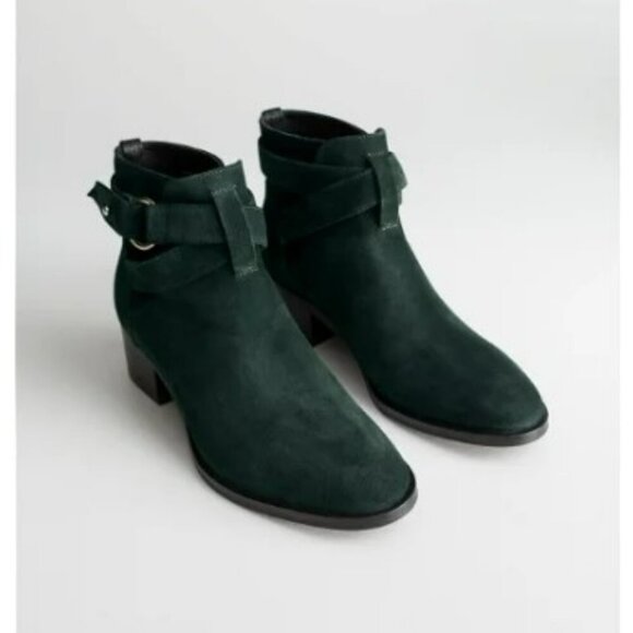 & Other Stories Shoes - & Other Stories Chelsea Heeled Suede Ankle Leather Boots Esmerald‎ Green Size 9